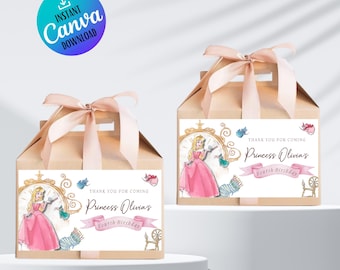May include: Two beige gift boxes with pink ribbon handles. Each box has a label featuring a princess in a pink gown, a clock, and the text "Princess Olivia's Fourth Birthday". The Canva download logo is in the top left.