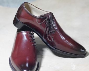 Handmade Bespoke Burgundy Maroon Leather Side Lace up Dress Shoes for Men's