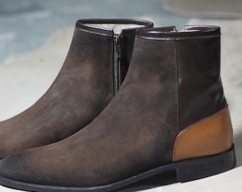 Handmade Genuine Suede Leather Brown Shaded Zipper Ankle Western Boots for Men's