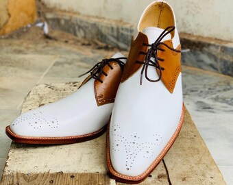 Handmade Two Tone Colour Wing Tip and Lace up Leather Shoes, Men's Brogue Dress Shoes, Formal Designer Shoes for Men's