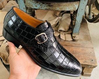 Handmade black embossed alligator texture leather monk strap formal dress shoes for mens