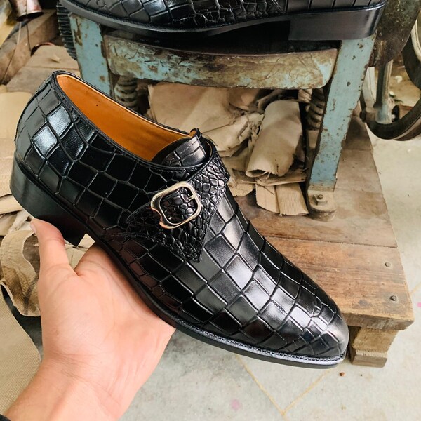 Handmade black embossed alligator texture leather monk strap formal dress shoes for mens