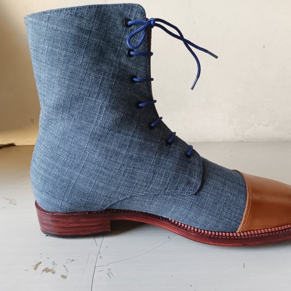 Handcrafted Boots, Bespoke Boots, Handmade Boots Goodyear Welted Handstitched Tailor-made Boots, Premium Quality Leather & Fabric Men's Boot