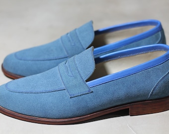 Handmade Pure Blue Suede Leather Slip on Loafer Shoes for Men's
