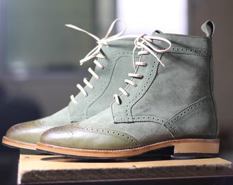 Handmade Olive Green Leather & Suede Lace up Brogue Ankle Boots for Men's