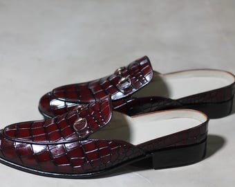Handmade Burgundy Embossed Alligator Text Leather Slip on Mules Slipper for Men's