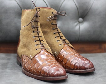 handmade brown embossed alligator leather & suede lace up boots for men