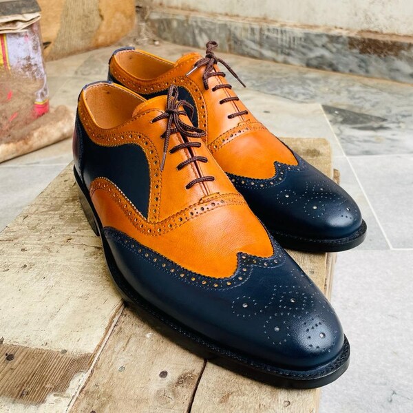 handmade goodyear welted blue & tan leather brogue wingtip shoes for mens