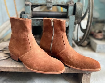 Handmade genuine brown suede leather zipper ankle boots for men