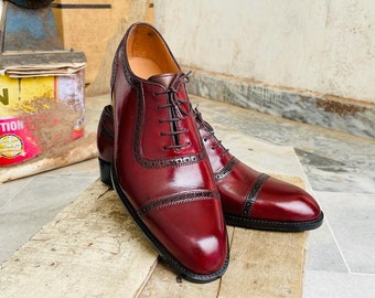 OXFORD SHOES MEN, Bespoke Shoes Men, Leather Dress Shoes Men, Hand Stitched Maroon Calf Leather Business Wear Classic Men Oxford Shoes Gift