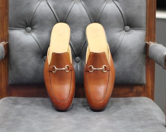 Handmade Genuine Tan Leather Formal Mules Slipper for Men's