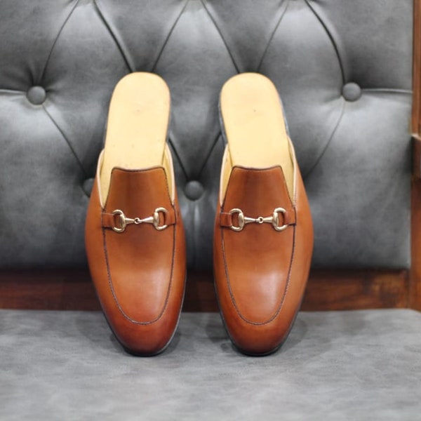 Handmade Genuine Tan Leather Formal Mules Slipper for Men's