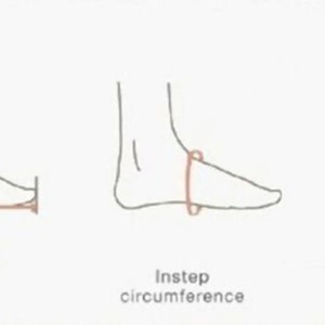 May include: Line drawing illustrating how to measure a foot for shoe sizing. The image shows foot length, instep circumference, and joint circumference measurements, with labels for each.
