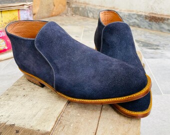 handmade genuine blue suede leather high ankle chukka boots for mens