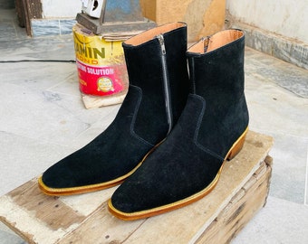 handmade black genuine suede leather zipper ankle boots for mens