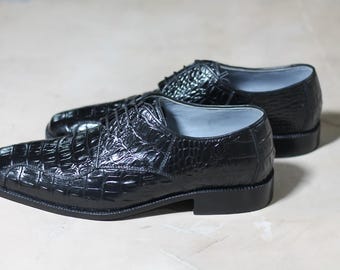 Black Handmade Embossed Alligator Leather Lace up Formal Dress Shoes for Men's