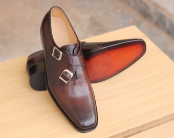 Handmade Brown Leather Monk Strap Dress Formal Shoes for Men