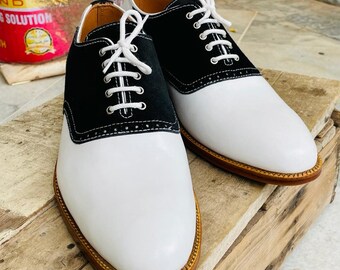 Handmade White Leather & Black Suede Formal Dress Shoes for Men's