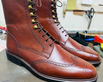 handmade genuine brown leather lace up brogue boots for mens