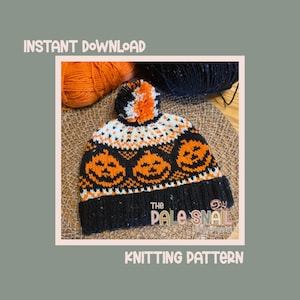 May include: A black, white, and orange knit hat with three jack-o'-lantern faces. The hat has a pom-pom on top and the words "INSTANT DOWNLOAD" and "KNITTING PATTERN" are printed on the image. The words "THE DALE SNAIL" are also printed on the hat.