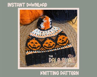 Stickmönster till Halloweenpumpa Fairisle-mössa, ladda ner direkt,