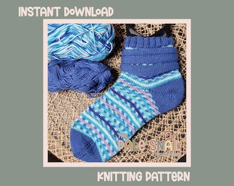 May include: A knitted blue sock with a geometric pattern in shades of blue, purple, and white. Two balls of yarn in coordinating colors are next to the sock. The text "INSTANT DOWNLOAD" and "KNITTING PATTERN" are visible.