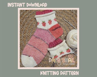May include: Knitted sock pattern with a strawberry design. The socks are white, pink, and red, with the text "INSTANT DOWNLOAD" and "KNITTING PATTERN". A ball of yarn and knitting needles are also visible.
