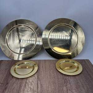 Set of Gold Metal Charger Plates 12&quot; and 6&quot; 8 each Wedding Table Party 13&quot; Brass