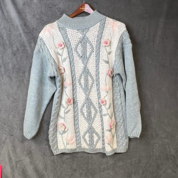 Needles, Needles & Yarn Vintage Floral Knit Sweater Cottagecore Grannycore Pastel Blue L