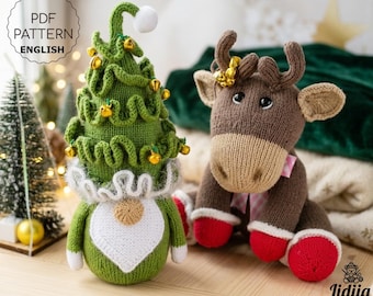 Christmas Moose and Gnome Knitting Pattern Bundle, Flat knit amigurumi, Knitted holiday toy (PDF English)