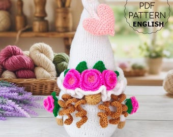 Summer Gnome Girl Knitting Pattern PDF English, Knit Flat on Two Needles, Scandinavian Tomte Floral Hat, Soft Toy Plushie Pattern