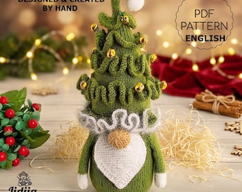 Gnome Christmas tree knitting pattern PDF, holiday knitting, festive gonk, Christmas ornament knitting, Christmas knitting
