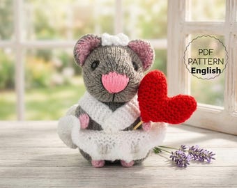 Little Mouse Girl Knitting Pattern PDF, Mouse in White Dress Knit in the Round, Valentine Animal Toy Tutorial