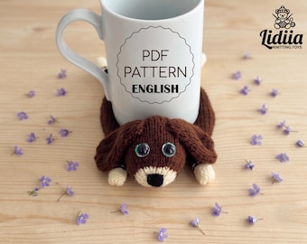 Dog coaster knitting pattern on 2 needles, puppy mug rug tutorial, flat drink mat, animal bookmark knit instruction, PDF