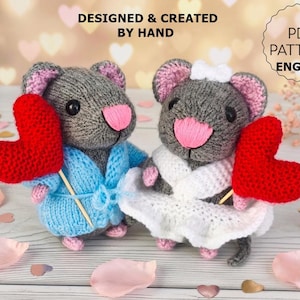 Padrão de tricô em PDF para casal de ratinhos, tricô circular de um par de pequenos animais, tutorial de bichinhos de pelúcia em formato de coração