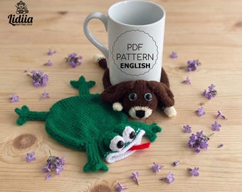 Frog and dog coaster knitting pattern set, 2 needles puppy mug rug bundle, flat animal bookmark tutorial, drink mat PDF