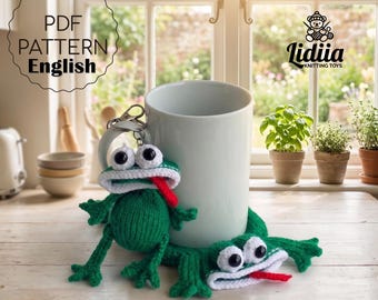 Frog knitting pattern bundle. Knit funny toad Keychain and Coaster, mug rug set on two needles. Knitted animal PDF tutorial gift.