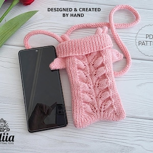 Mini Sweater Phone Pouch Knitting Pattern PDF, Leaf Lace Cell Phone Bag, Flat Knit Crossbody Purse Tutorial Two Needles