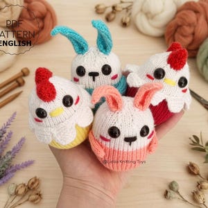 May include: Four knitted toys, two bunnies and two chickens, held in a hand. The bunnies have blue and pink ears, the chickens have red combs. All have black button eyes. The text "PDF PATTERN ENGLISH" is in the upper left. The toys are handmade.