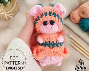 Mini Pig Knitting Pattern PDF, Pocket-Sized Toy, Knitted Amigurumi Piglet in Outfit Tutorial, Small Piggy Pocket Hug Gift Idea