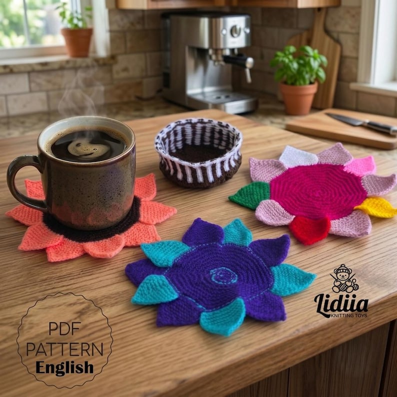 Knitted flower coasters in orange, purple, and pink on a wooden table next to a steaming coffee mug and a small knit basket.