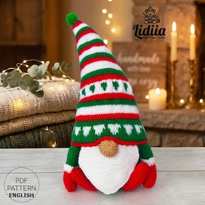 Cute Holiday Gnome Knitting Pattern English for Christmas Ornament Decoration, DIY Scandinavian Gnome PDF, Winter Xmas Knitted Gnome Decor