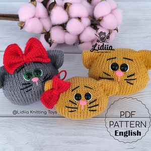 Knitting Pattern Cats in English, knitted animal toys, knit cat pattern, cat soft toy knitting, knitted keychain, knit amigurumi