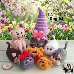 May include: A collection of handmade knitted toys including a tall purple striped gnome, a beige cat with a pink ribbon, a white mouse, and several smaller cats in brown, gray, and orange colors. The text PDF PATTERN English is visible.