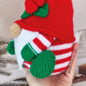 May include: A knitted gnome toy featuring a red hat with a green leaf and berry accent, a beige nose, a white beard, and a body with red and white horizontal stripes. The gnome has green arms and feet, with the text Lidiia Knitting Toys visible.