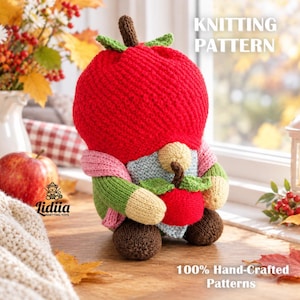 Apple Gnome Knitting Pattern PDF Fall Harvest Decor Flat Knit Two Needles Autumn Shelf Sitter Toy Tutorial