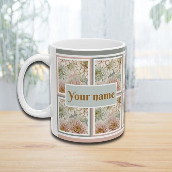 Customized Floral Ceramic Mug, Pink and Grey Flower Art, Personalized Gift with Unique Charm,11 oz, Pink and Grey Decor, Flower Coffee Cup