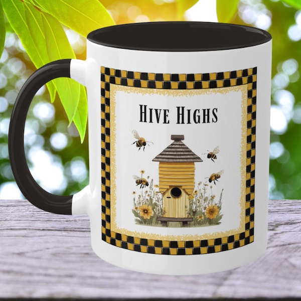 Hive Highs Mug: Bees & Beehive Design, 11 oz Yellow and Black Ceramic Cup, Farmhouse Chic Decor, Honey sweetness mug, Bee lover present