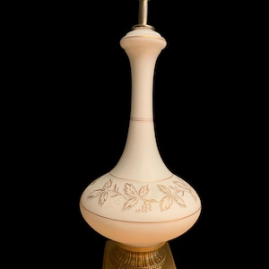 Large Vintage White Frosted Glass Table Lamp with Gold and White Floral Appliqué