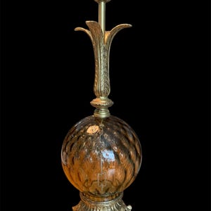 Large Vintage Dimpled Grey/Amber Glass Empoli Table Lamp with Brass Palm Fronds
